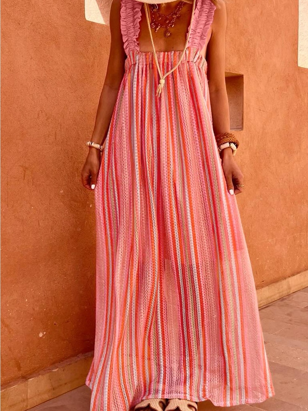 Pink & Coral Striped Sundress with Ruffled Straps
